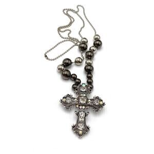 Cross Pendant Brooch Silver Tone Aurora Borealis Crystals Ball Chain 30”